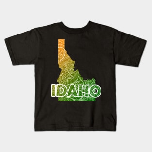 Colorful mandala art map of Idaho with text in green and orange Kids T-Shirt